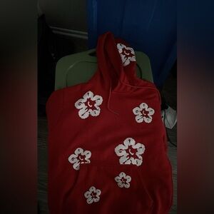 red and white denim tear hoodie